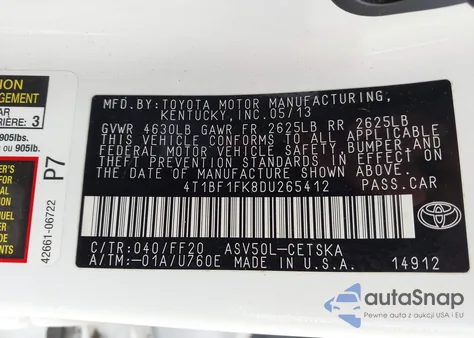 2013 Toyota Camry Se z USA, uszkodzony, nr VIN 4T1BF1FK8DU265412